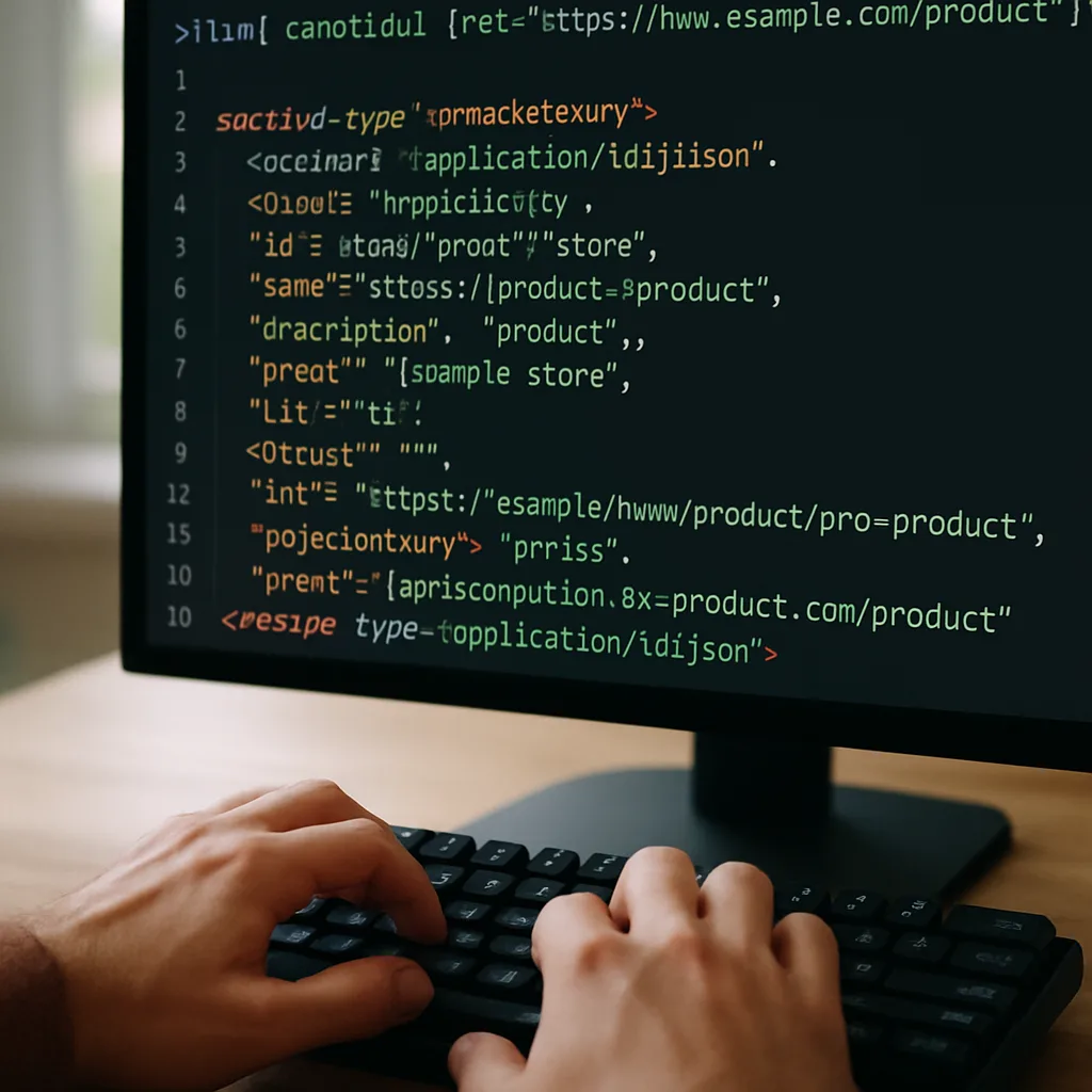 Développeur configurant les données structurées et balises canonical pour l'optimisation SEO Magento 2