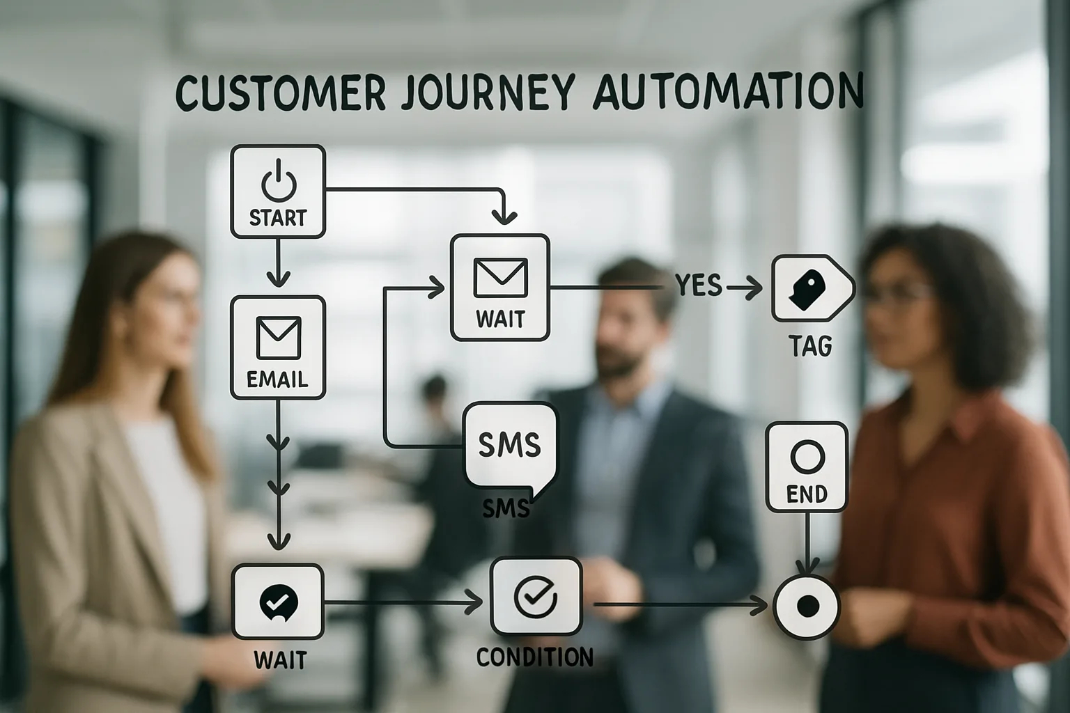 Diagramme de scénarios de marketing automation et parcours client sur tableau blanc dans une agence digitale