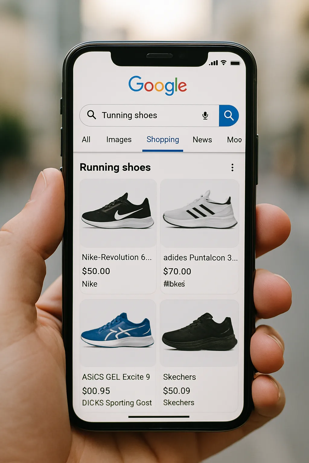 Résultats d'annonces Google Shopping affichés sur un smartphone, montrant des fiches produits avec prix et images
