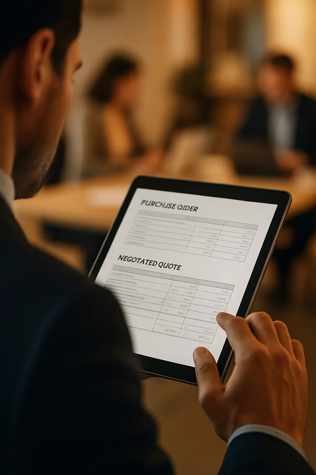 Acheteur professionnel consultant un devis négociable B2B sur tablette