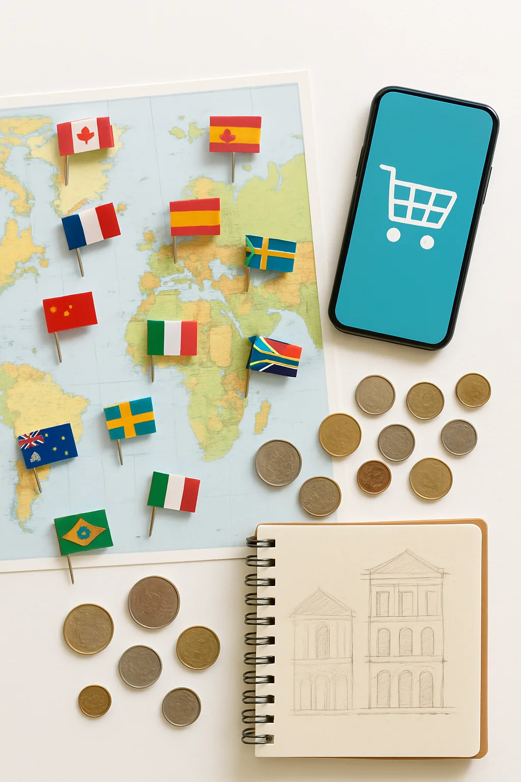 Carte du monde avec drapeaux nationaux et symboles e-commerce illustrant la vente internationale multi-pays