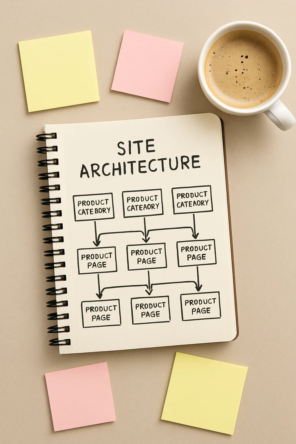 Schéma d'architecture de site e-commerce Magento avec maillage interne et structure de catégories pour le SEO
