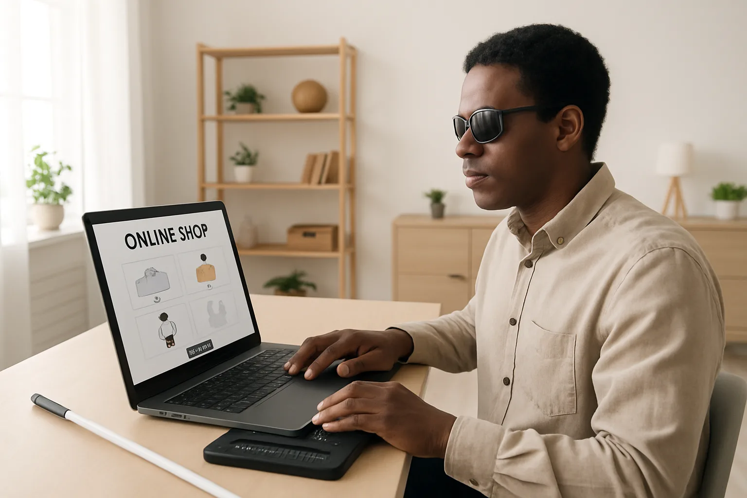 Personne malvoyante utilisant un lecteur d'écran pour faire ses achats en ligne, accessibilité numérique e-commerce