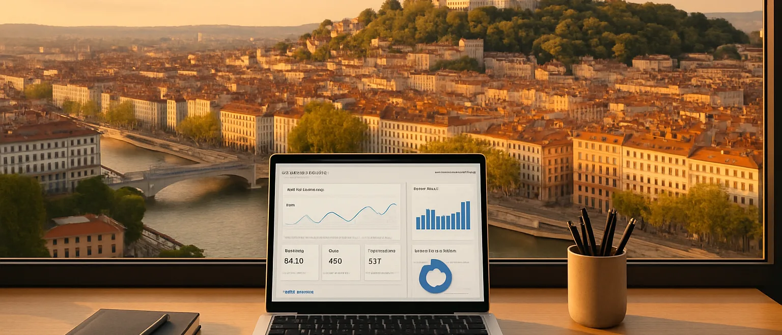 Agence Magento à Lyon — vue de la métropole lyonnaise et espace de travail digital e-commerce
