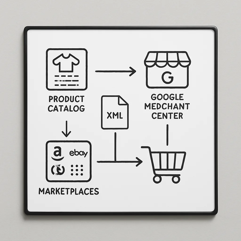 Schéma illustrant la chaîne de connexion entre catalogue produit, flux de données, Google Merchant Center et marketplaces