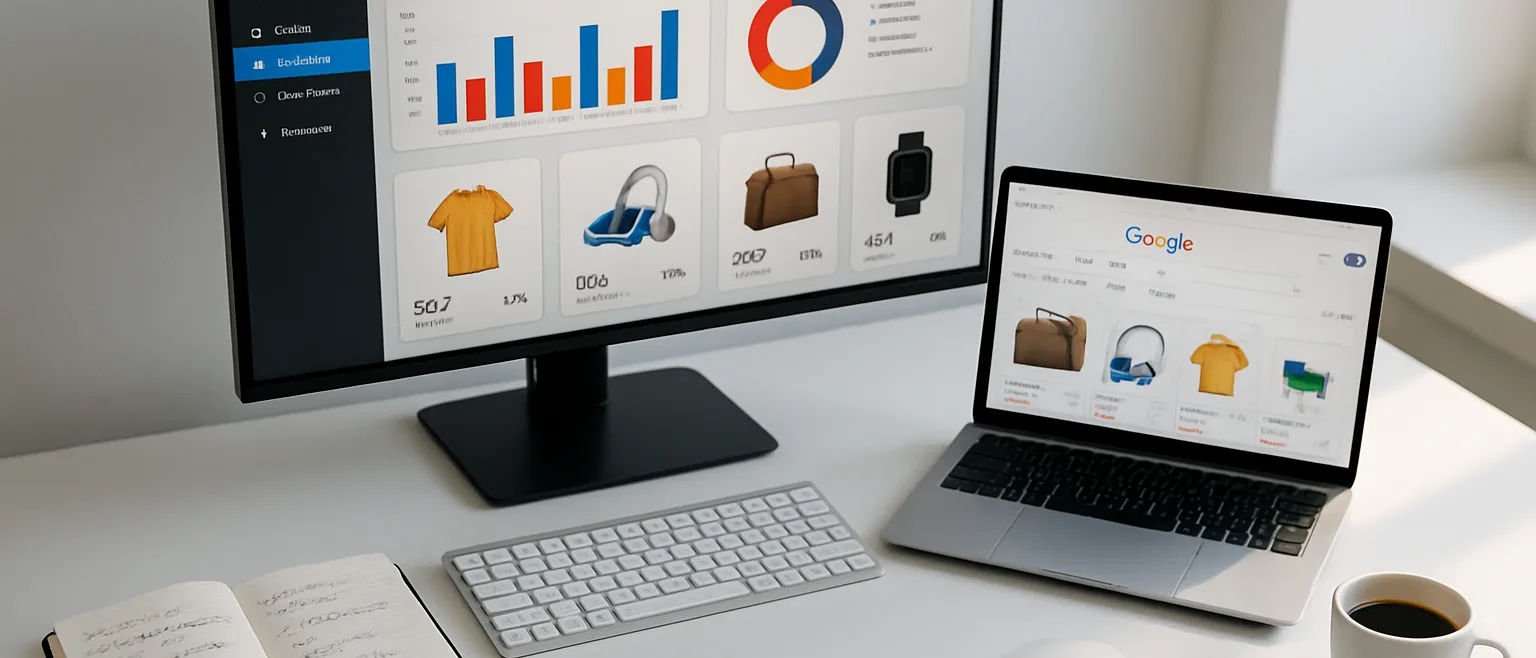Tableau de bord de gestion de flux produits et campagnes Google Shopping sur un bureau e-commerce moderne