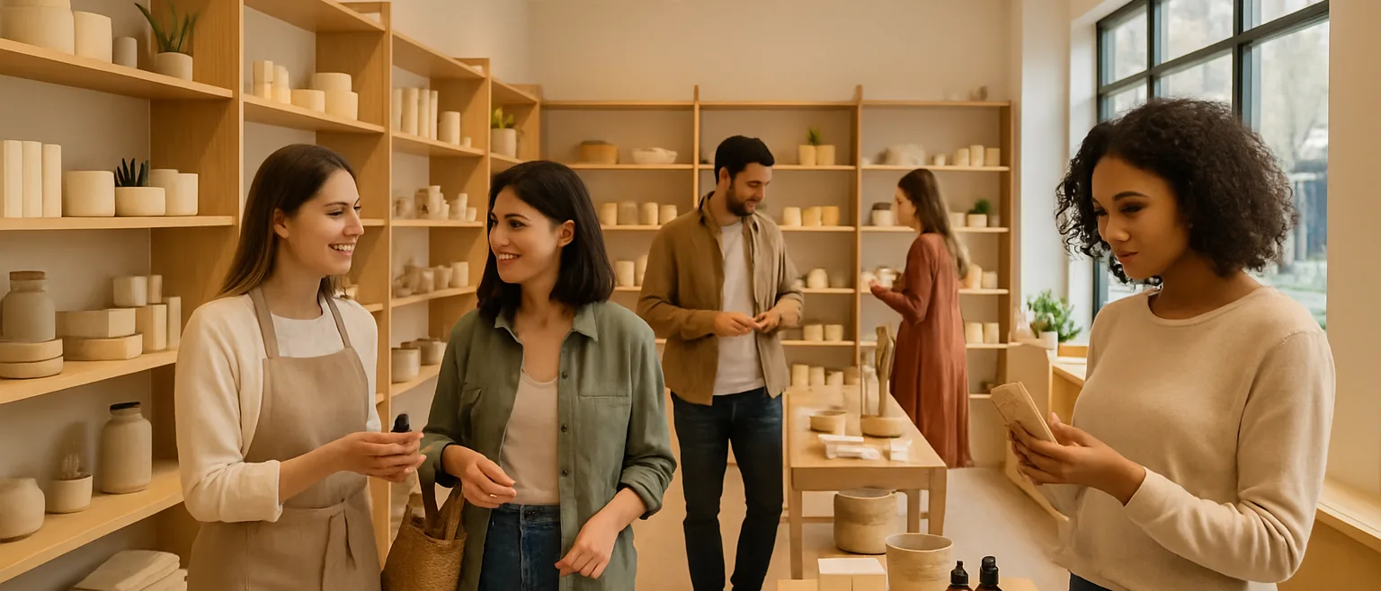 Boutique physique moderne avec clients interagissant avec les produits et vendeur conseil