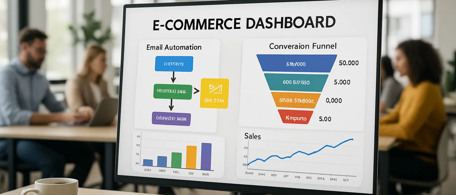 Dashboard de marketing automation Magento affichant des scénarios e-mail et des entonnoirs de conversion