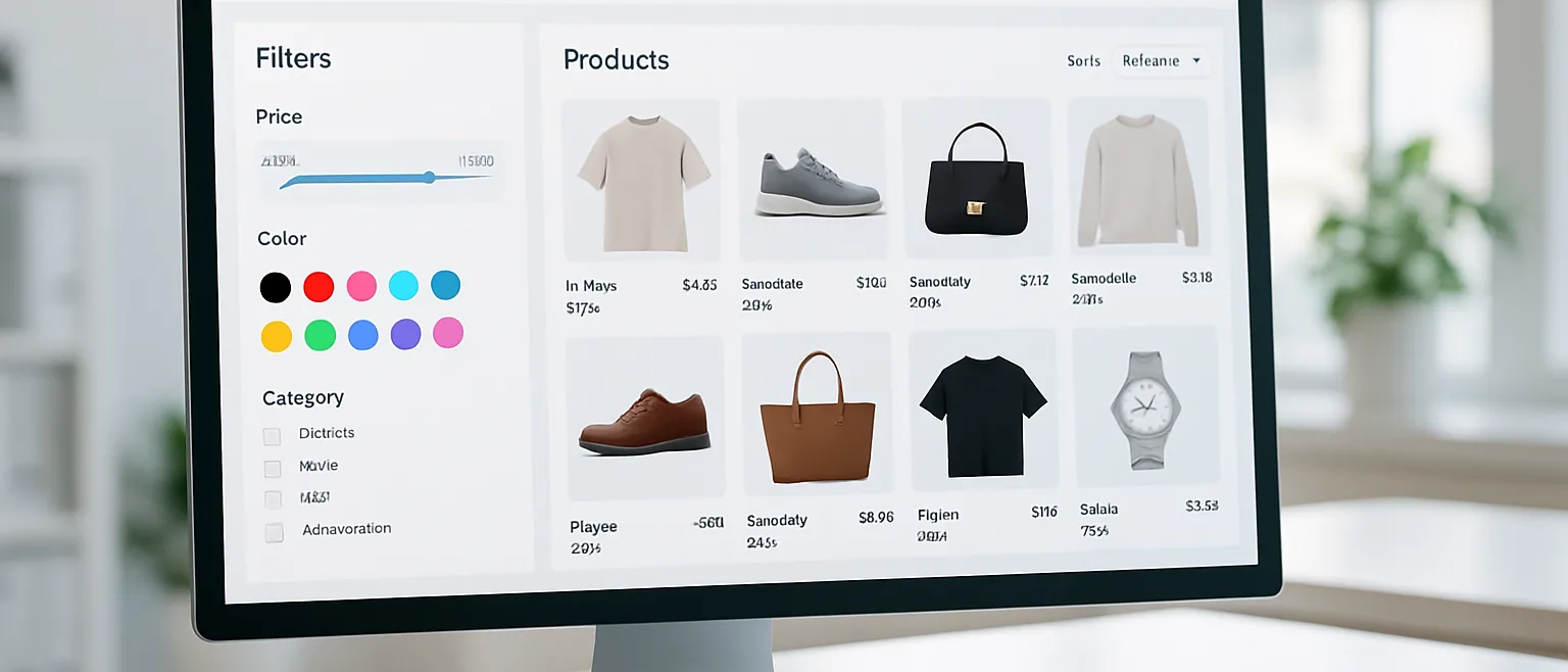 Interface d'administration Magento avec navigation à facettes et filtres produits configurés